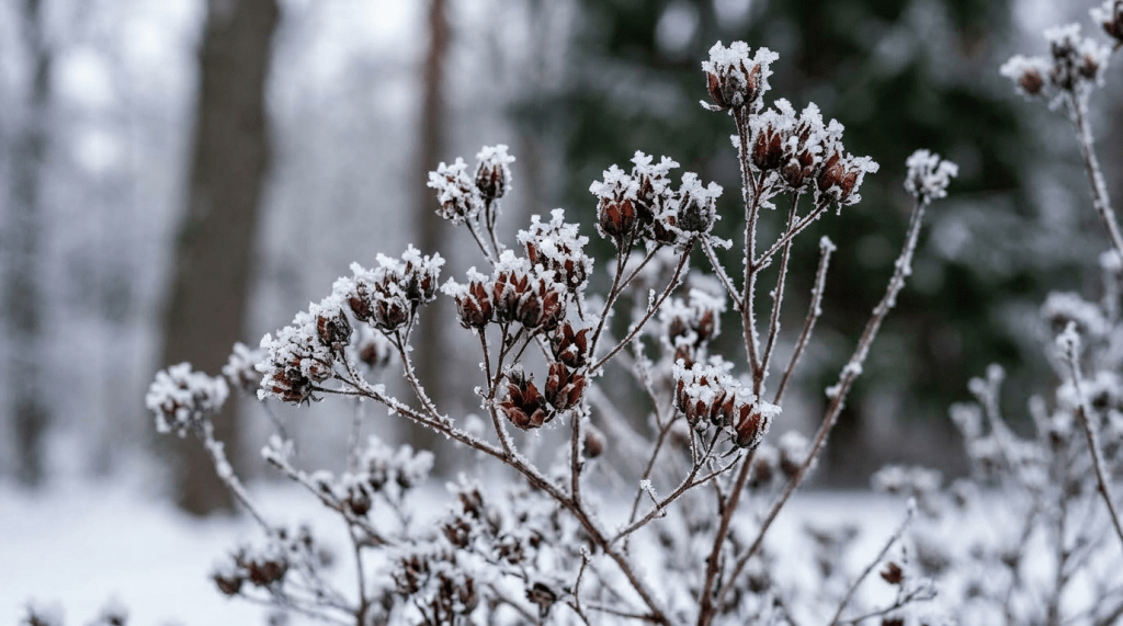 Bush with branches heavily covered in snow in a forest